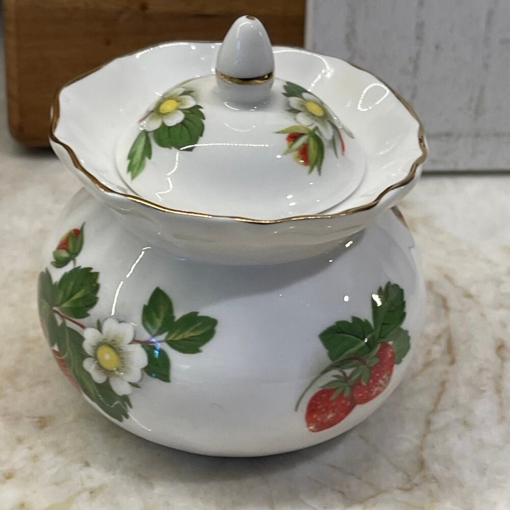 Heirloom Bone China  England strawberry patch  lidded dish sugar or jam jar